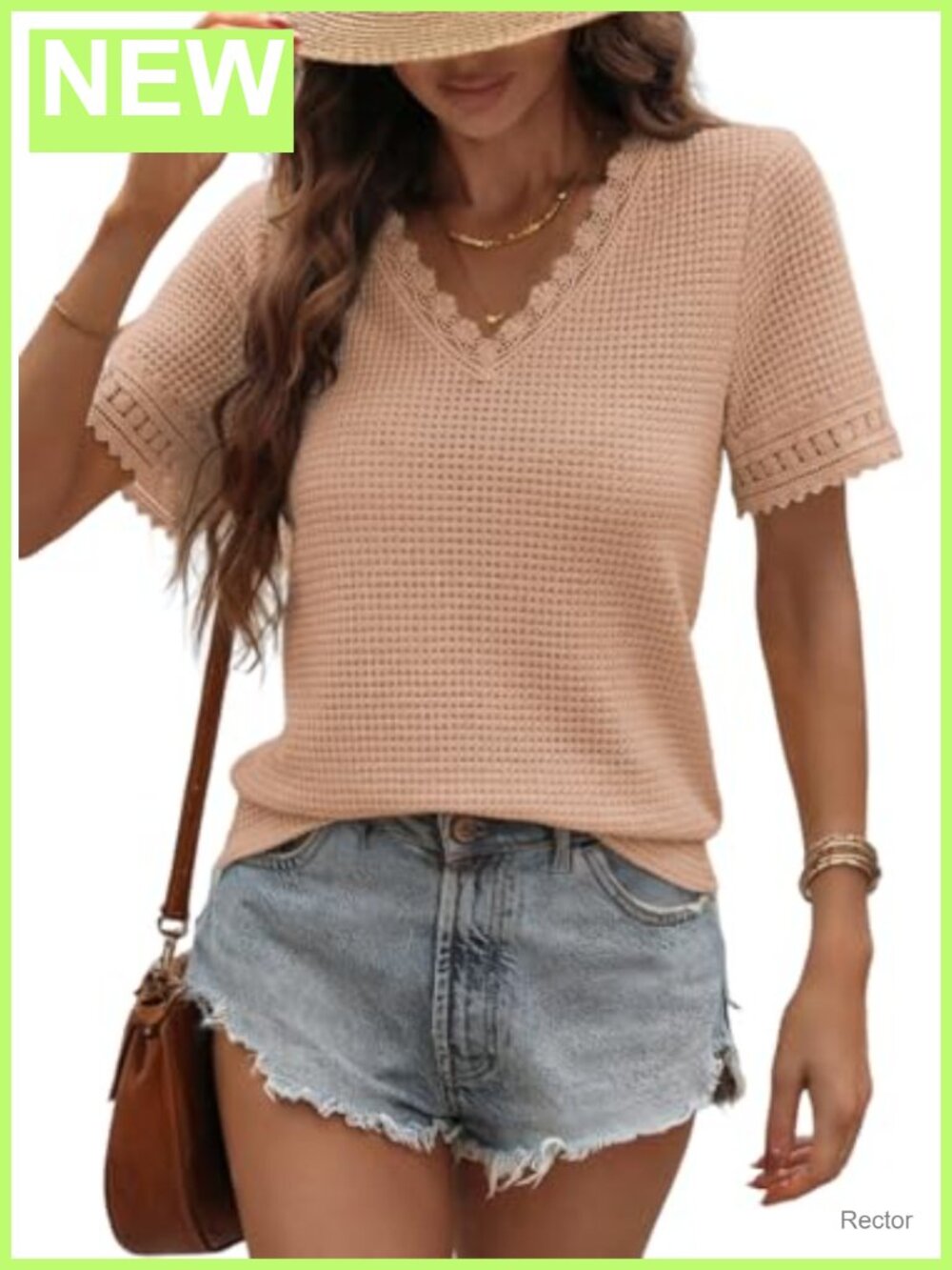 Waffle Knit V Neck Lace Patchwork Short Sleeve Tunic Tee Blouse